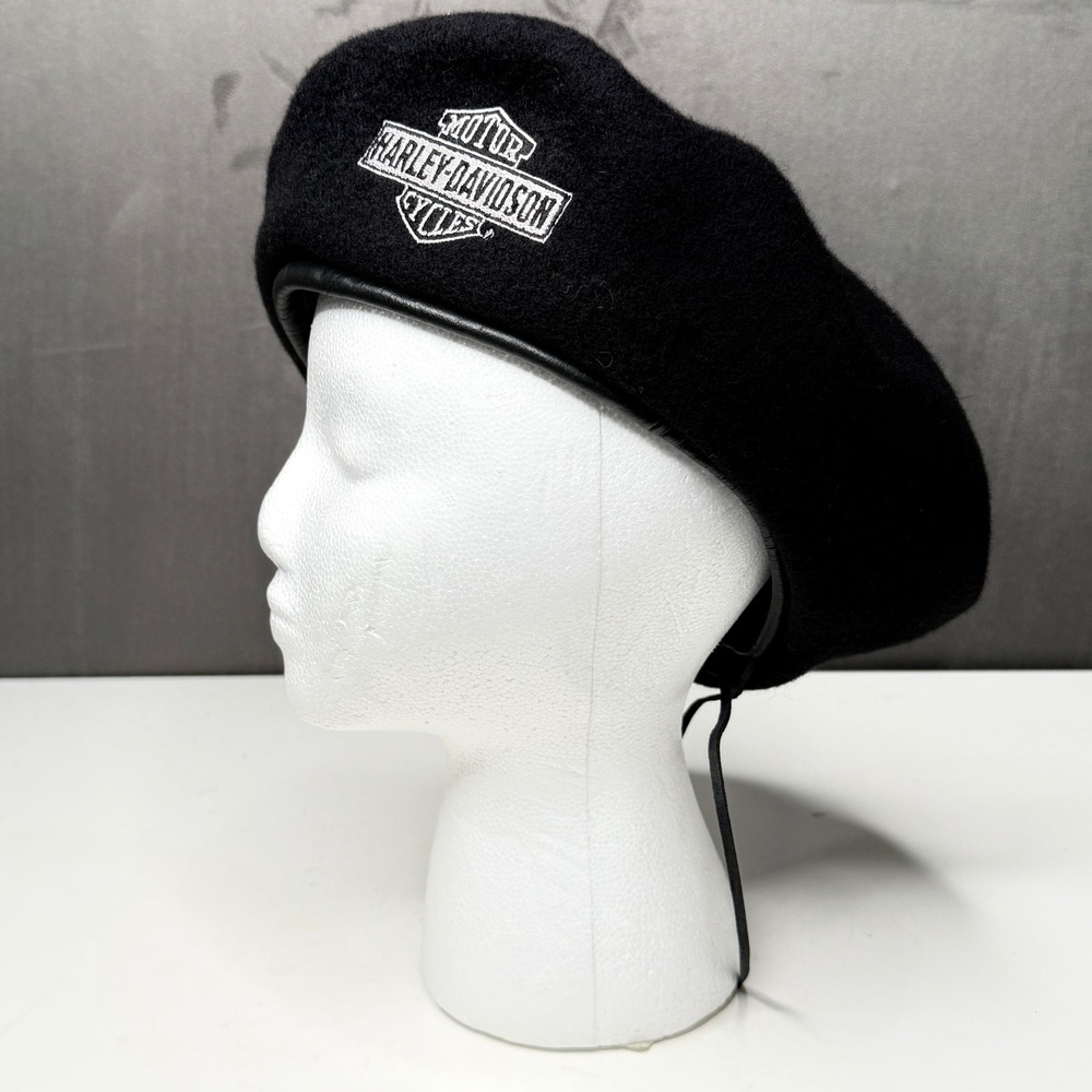 Vintage Harley Davidson Beret Hat Black Wool Embroidered Logo Biker Motorcycle